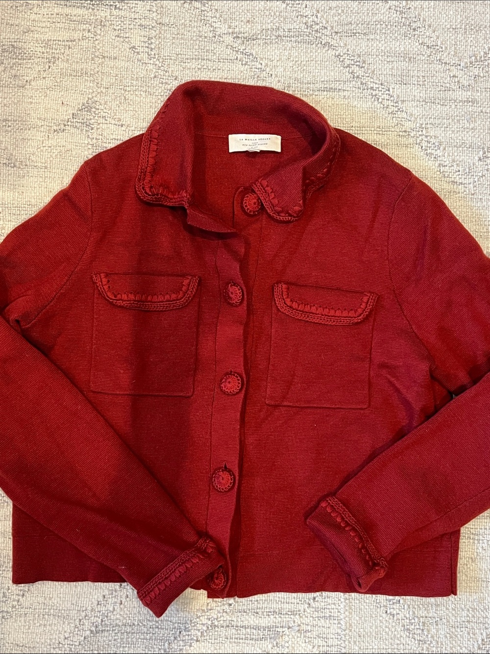 Sezane Deep Red Button-Up Knit Jacket